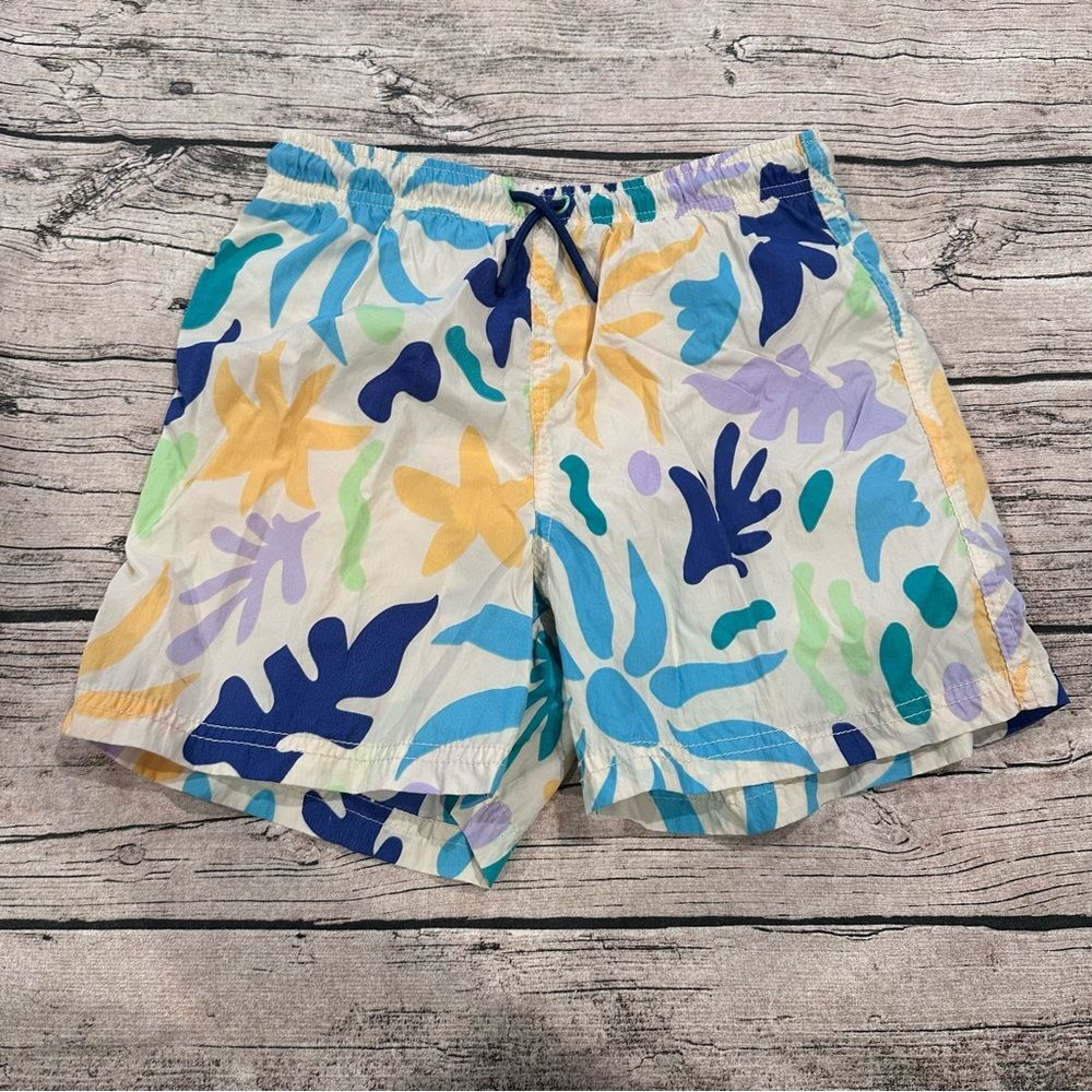Zara Graphic Print Swim Trunks in Blues, Yellow & Lavender, Mesh Lining Size 10